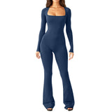 Women Square Neck Long Sleeve Ribbed Jumpsuit Bodycon Flare Leg One Piece Outfit Solid Stretch Slim Fit Casual Bodysuit Pants