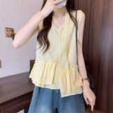 Women's Summer Sleeveless V Neck Blouse Choker Neckline Ruffle Hem Irregular Hem Flowy Tank Top Casual Loose Vest Tops