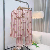 Pink Little Bear Pajama Set Ice Silk Silk Face Women's Summer Embroidered Top Pants Home Clothes