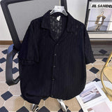 Men Hollow Out Cuban Collar Loose Short Sleeve Button Front Casual Shirt
