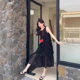 Women Pink 3D Rose Embroidery Sleeveless Maxi Dress Casual Loose Layered Hem A-Line Summer Beach Vacation Sundress