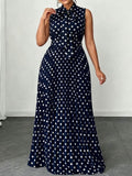 Plus Size Women Polka Dot Sleeveless Maxi Dress Bow Tie Collar Pleated Flowy A-Line Long Sundress Vintage Elegant Dress