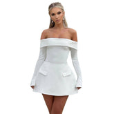 Women Off Shoulder Blazer Dress Long Sleeve Pocket Detail Elegant Office Mini Dress