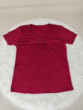 2026 Korean Summer Women Ribbed T-shirt V Neck Drawstring Short Sleeve Top Ruffle Cuff Slim Fit Casual Knitted Tee Shirts