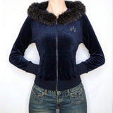 Eco-Friendly Retro Velour Hooded Jacket for Women with Faux Fur Trim – Warm 2025 Autumn Vintage Sweatshirt