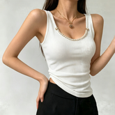 Ribbed Knit U Neck Crystal Beaded Racerback Tank Top Women Sleeveless Padded Slim Fit Camisole
