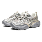 Futuristic Metallic Lightweight Sneakers Breathable Mesh Running Shoes Chunky Cushioned Sole Durable Traction Gym Walking Shoes