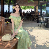 Summer Women Green Floral Print Ruffle Cap Sleeve Maxi Dress V Neck Front Tie Slim Fit Mermaid Hem Long Dress