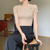 Women's Summer French Crew-Neck Short Sleeve T-Shirt Unique Design Striped Knit Crop Top