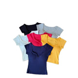New Arrival Women's Ribbed Knit T-Shirt with V-Neck & Built-In Bra