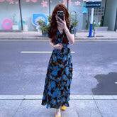 Women Vintage Blue Floral Dress V Neck Short Puff Sleeve Ruched Waist Long Dress Summer Elegant Holiday Beach Floral Print Dress