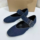 New Style Women's Mary Jane Flat Ballet Flats - Low Heel, Round Toe, Slip-On, Elegant Blue Denim Women Shoes