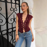 Deep V Lace Front Sleeveless Tank Top Women Burgundy Slim Corset Style Bodycon Vest