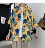 Retro Hong Kong Style Hawaiian Floral Shirts Unisex Loose Short Sleeve Couple Tops for Men Women Summer Beach