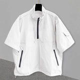 Men Half Zip Stand Collar Drawstring Hem Cargo Pocket Short Sleeve Pullover Top