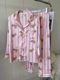 Pink Little Bear Pajama Set Ice Silk Silk Face Women's Summer Embroidered Top Pants Home Clothes