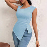 Women's European and American Elegant Style T-shirt 2025 Spring and Summer New Slim-fit Short Solid Color Top with Slant Collar