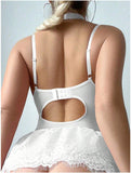 Cross-Border Foreign Trade New European and American Style Sexy Women's Lace Mesh Bowknot Bodysuit Dress Set