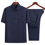 Men's Short Sleeve Shirt + Long Pants Suits Summer Clothes Lapel Button Solid Color 2 Piece Set Breathable Men's Casual Suits