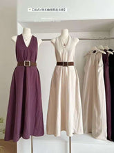 Women V Neck Halter Sleeveless Midi Dress With Matching Belt Solid A-Line Flowy Long Sundress Casual Elegant Ladies Dress