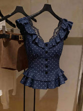 Women French Polka Dot Tank Top V-Neck Lace Ruffle Sleeveless Top Slim Blue Inner Shirt for Summer