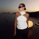 Women Metal Ring Halter Neck Crop Top Twisted Front Sleeveless Fitted Tank Top Casual Daily Camisole