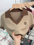 V-neck Women's T-shirts Knitted Tops for Women Ice Silk Short-sleeved Blouse