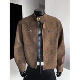 Men Vintage Distressed Suede Stand Collar Motorcycle Jacket Multi Zipper Pocket Cropped Retro Streetwear Coat