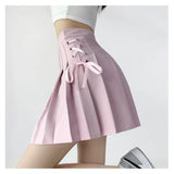 Women Side Lace up Pleated Mini Skirt Pink High Waist a Line Preppy School Uniform Skirt Girls Kawaii Pleated Short Skorts