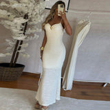 Women Spaghetti Strap Smocked Maxi Dress Gold Buckle Sleeveless Bodycon Long Dress