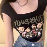 Cute Print Beauty Back Waist Chest Padded Bra Vest Ribbed Camisole K-pop Dance Wear Sexy Club Tank Crop Top