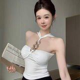 Women's Stylish Black Knit Halter Vest Sleeveless Slim Crop Bandeau Sweet Alluring Top for Summer
