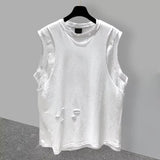 Men Distressed Hole Sleeveless Tank Top Crew Neck Raw Edge Loose Fit Streetwear Vest Two Colors Black White