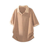 Men Contrast Cuff Lapel Textured Short Sleeve Polo Shirt Loose Vintage Neutral Tone Casual Summer Top