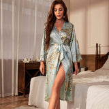 Women's V-neck Printed Long Sleeve Robe Lightweight Sexy Elastic Waist Nightgown Simple Cardigan Sleepwear Polyester Floral