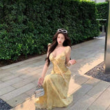 Women Yellow Floral Print Ruffle Spaghetti Strap Maxi Dress Deep V Neck Front Tie Flowy Chiffon Long Dress