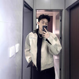 Men Vintage Plaid Lining Collar Workwear Jacket Zip up Pocket Casual Short Coat Streetwear Cargo Outerwear