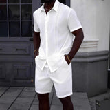 New Men's Lace Trim Spliced Hollow Out Lapel Short Sleeve Shirt & Shorts 2 Piece Set Suitable for Beach Outings