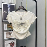 Women Textured Distressed Fabric T Shirt Big Rhinestone Bow Decor Side Ruched Short Sleeve Slim Fit Crop Top