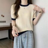 2026 Summer Loose Knit Top Crew Neck Solid Color Short-sleeved T-shirt Knit Pullover T-shirt for Girls