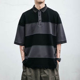 Men Striped Color Block Polo Shirt Button Collar Oversized Short Sleeve Casual Streetwear T Shirt