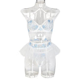 New Flower Embroidered Mesh Strap Hanging Neck Sexy Underwear Complex Sex Four Piece Set for Women