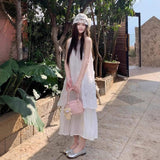 Women Pink 3D Rose Embroidery Sleeveless Maxi Dress Casual Loose Layered Hem A-Line Summer Beach Vacation Sundress
