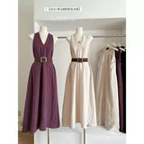 Women V Neck Halter Sleeveless Midi Dress With Matching Belt Solid A-Line Flowy Long Sundress Casual Elegant Ladies Dress