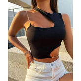 Irregular Design Sense Niche Pure Style Short Metal Chain Knitted Vest Solid Color Short Shoulder Tank Top