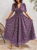 Plus Size Women Ditsy Floral Print V Neck Puff Short Sleeve A-Line Maxi Dress Flowy Summer Sundress Ladies Casual Long Dress