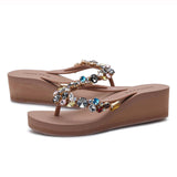 Handcrafted Crystal Rhinestone Summer Beach Wedge Flip Flops for Ladies