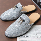 Glitters Shining Material Tassel Loafers Half Shoes Classic Design Mules Slippers for Men