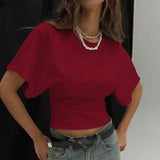 2026 Summer Hot Sale Women Solid Color Ruched Crew Neck Short Sleeve T Shirts, Waist Cinching Slim Fit Casual Tees