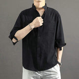 Men's 2025 Summer Japanese Style Casual Shirt Thin Loose Stand Collar 3/4 Sleeve Shirt